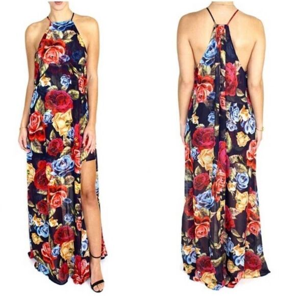Show Me Your Mumu Floral Bronte Halter Maxi Dress Side Slits Size XS - Picture 2 of 11